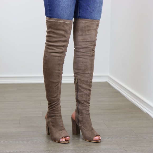 Suede Thigh High Peep Toe & Heel Chunky Heel Boot - Picture 4 of 8